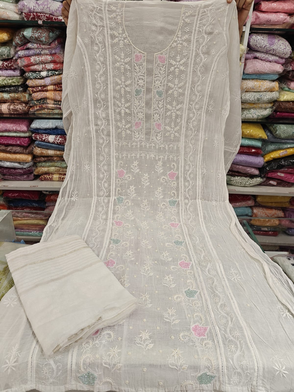 Pure Mul Chanderi Pearl Semi Stiched Suit Sets