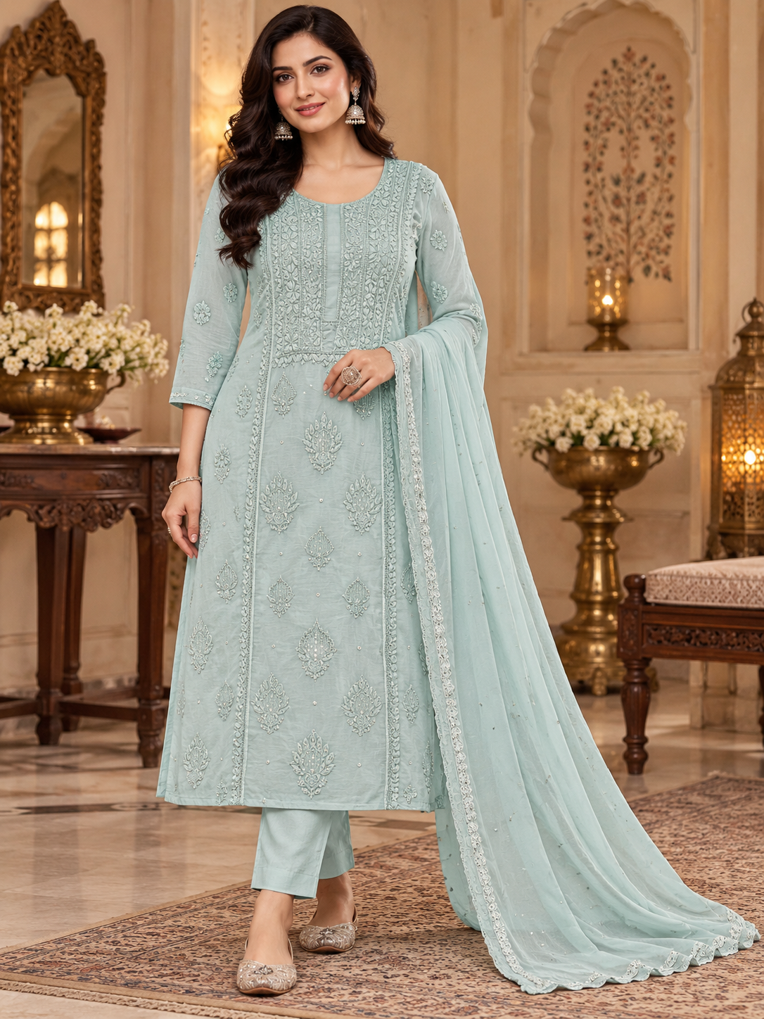 Pure Muslin Cutdhana Work Semi Stitched Kurti Duppatta Sets