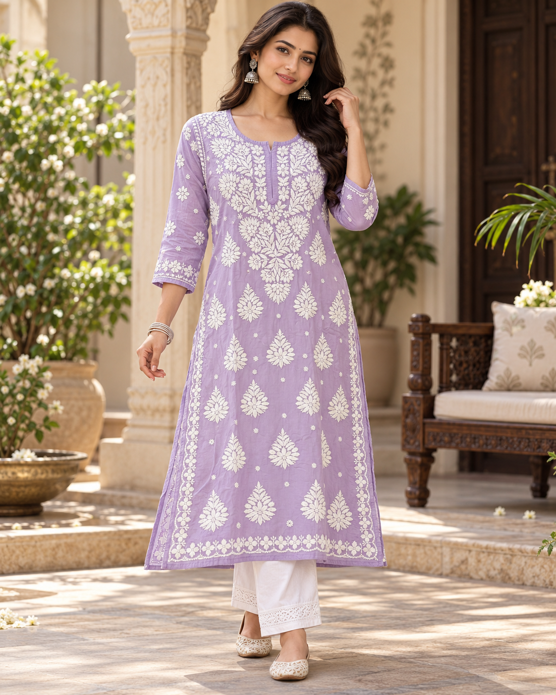 Pure Muslin 3D Chikan Work Kurties