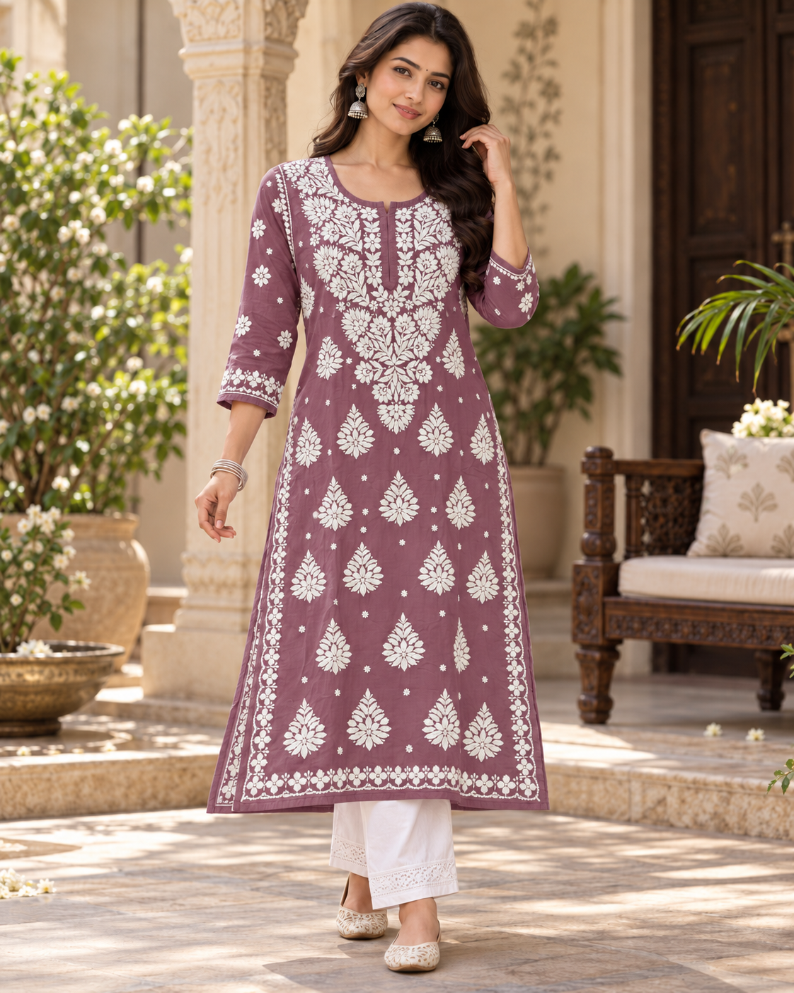 Pure Muslin 3D Chikan Work Kurties