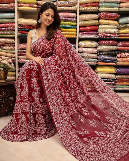 Georgette Full Jaal Lucknowi Sarees