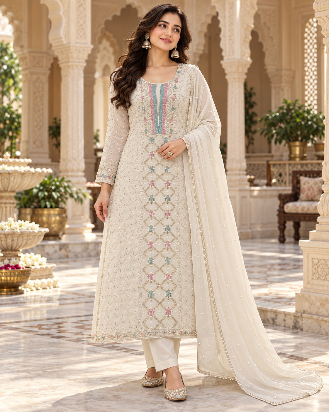 Viscose Georgette Heavy Pearl Cutdhana Zari Unstitched Kurti Duppatta Sets