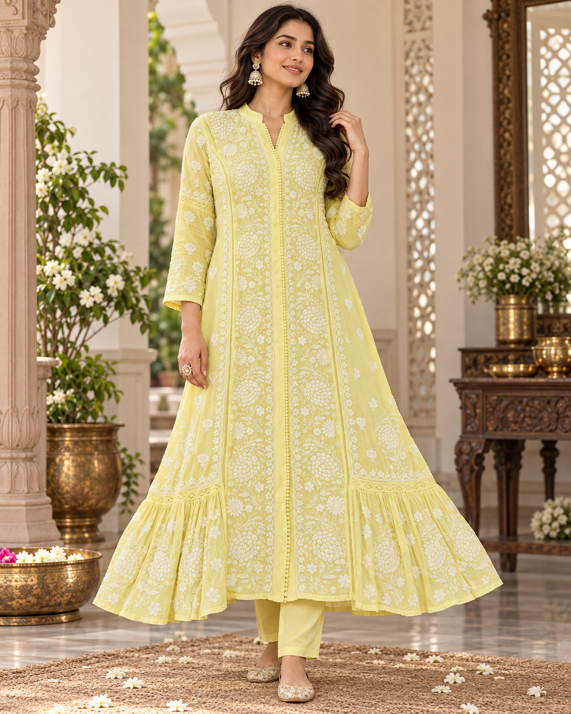 Muslin Party Wear Heavy Chikan Long Kurti Pant Set