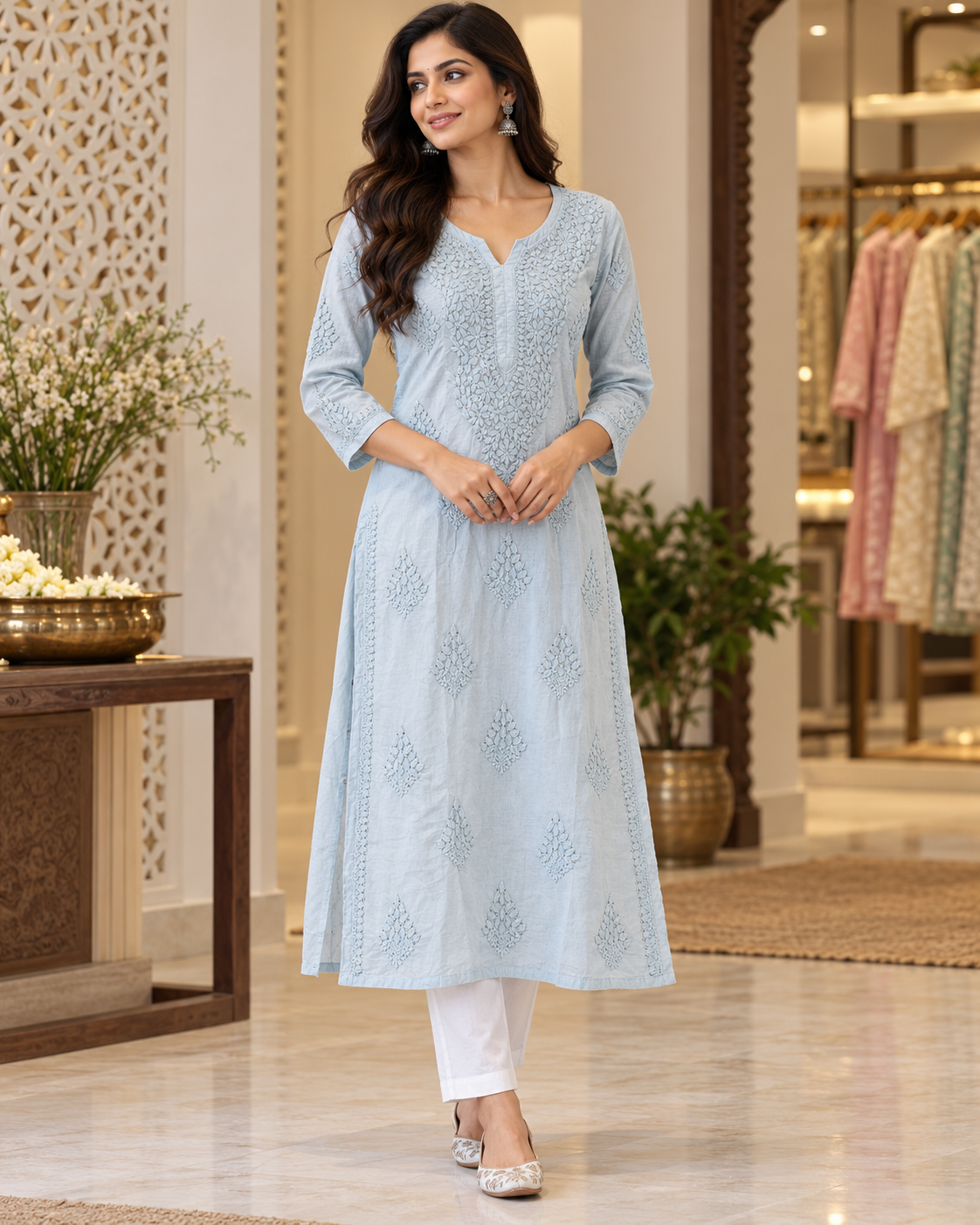 Chanderi Silk Chikan Mukaish Work Straight Kurti