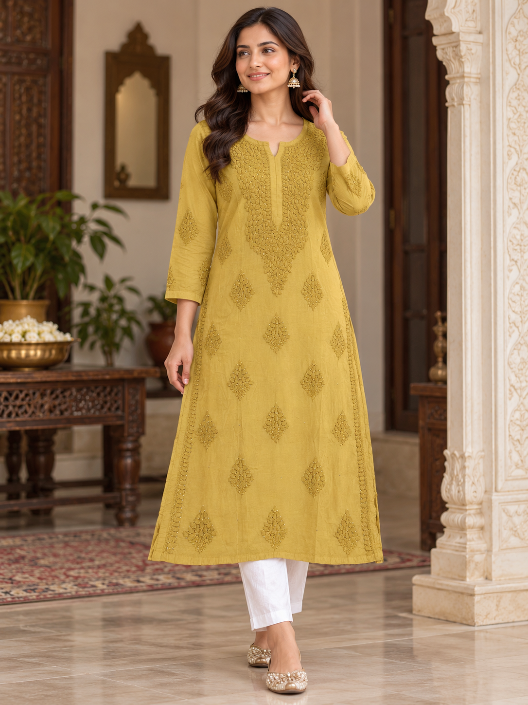 Chanderi Silk Chikan Mukaish Work Straight Kurti