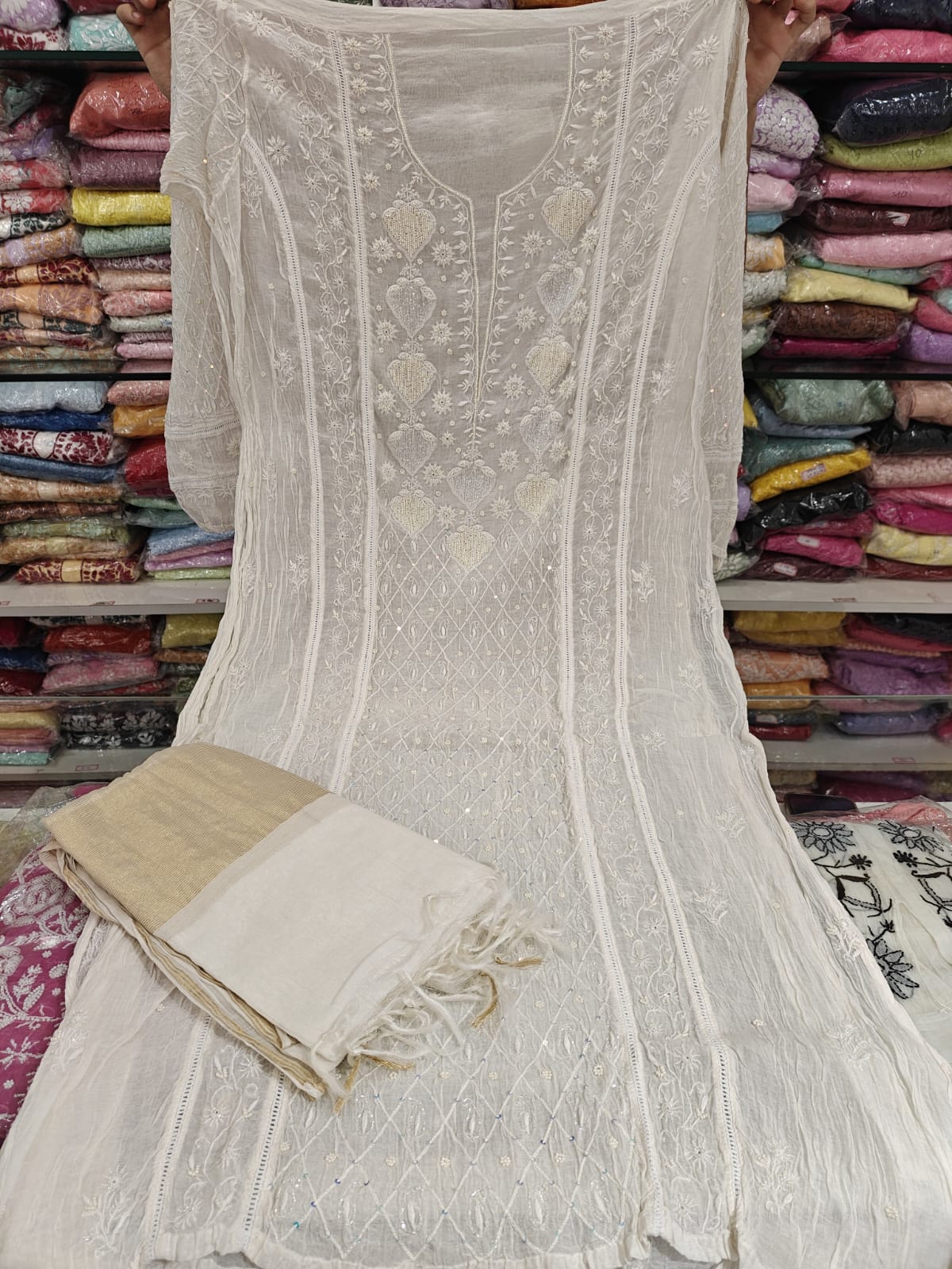 Pure Mul Chanderi Pearl Semi Stiched Suit Sets