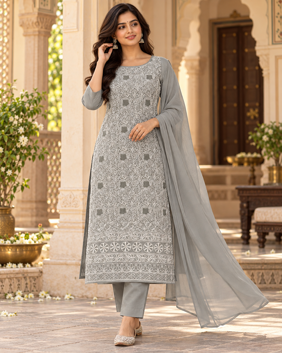 Cotton Full Front Jaal Shadow Work 3 Pcs Suit Sets