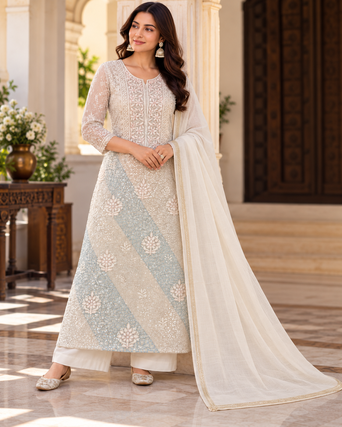 Pure Mul Chanderi Fine Chikan Pearl Cutdhana Sequin Work Unstitched Suit Sets (2 Pcs)