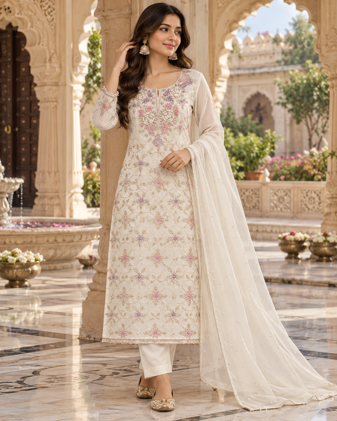 Viscose Georgette Heavy Pearl Cutdhana Zari Unstitched Kurti Duppatta Sets