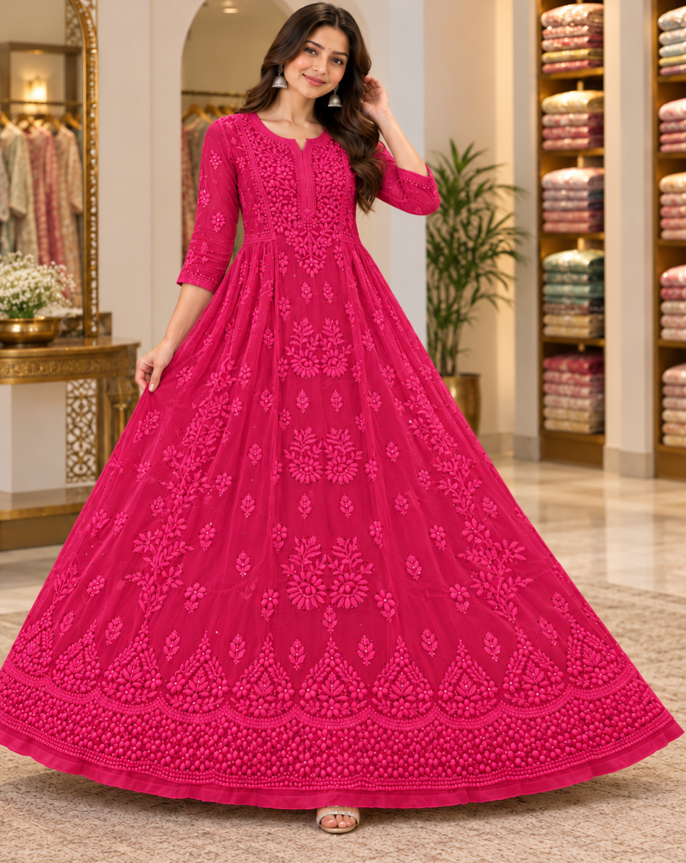 Viscose Georgette Mukaish Work Party Wear Long Gawn
